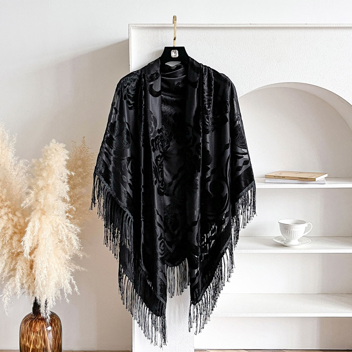Retro Velvet Tassel Scarf Flor - Women'S Winter Accessories Set ulasan dan harga